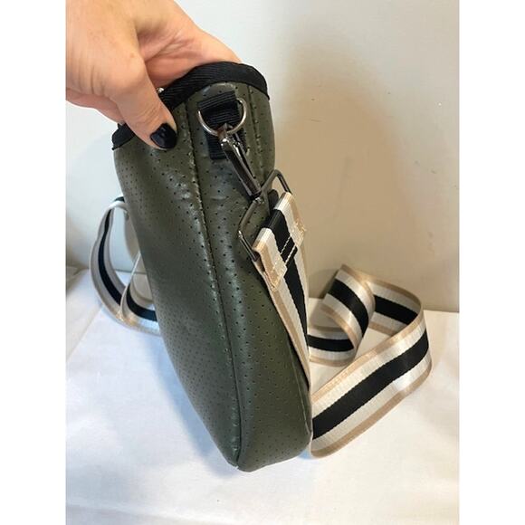 Haute Shore Blake Neoprene Black Green White Stripe Crossbody Bag - Picture 5 of 9